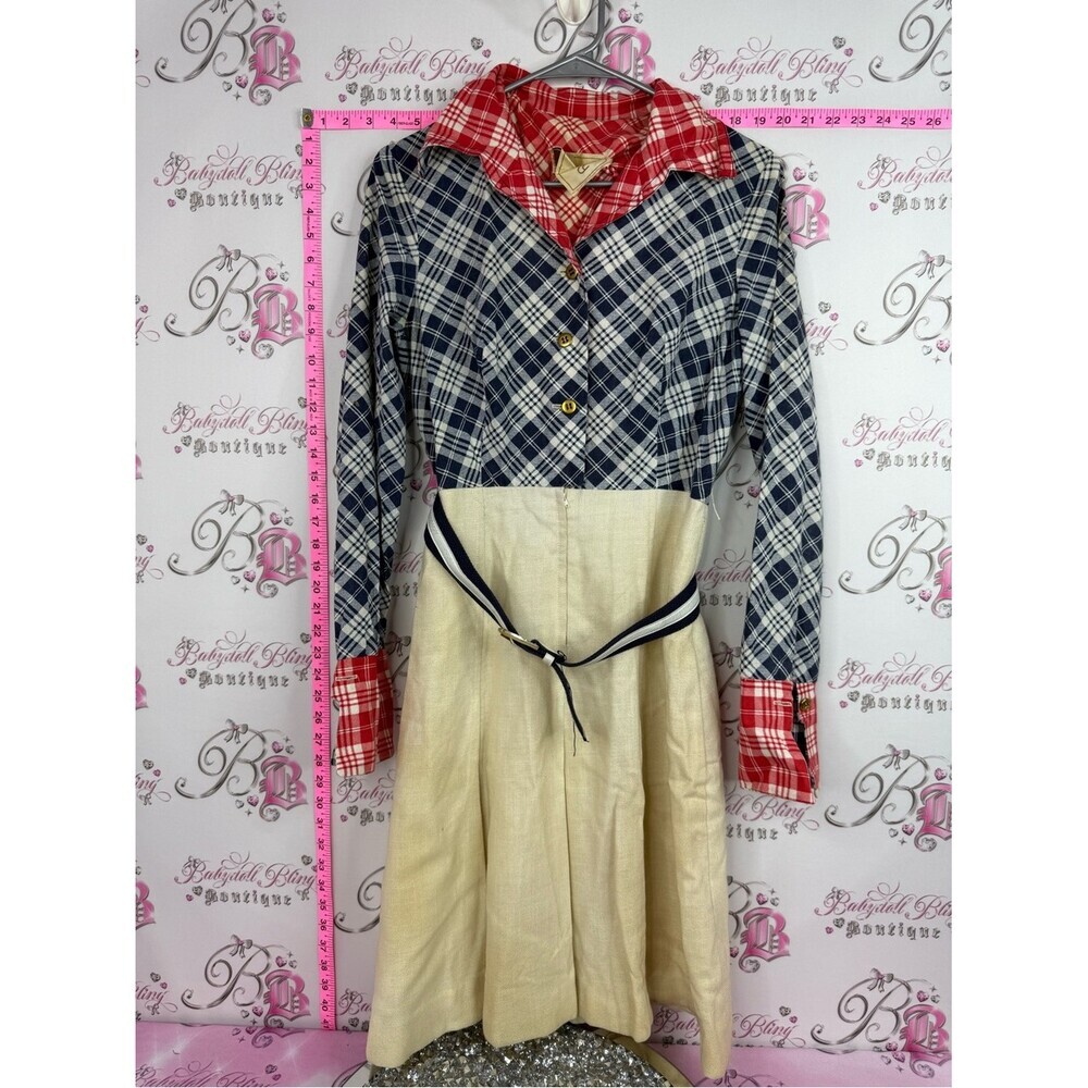 Hearsay Two-Tone Plaid Midi Dress with Contrast Collar in Navy, Red & Cream